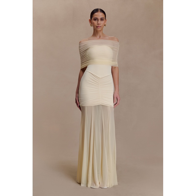 Caspian Slinky And Mesh Off Shoulder Maxi Dress – Ivory XXS