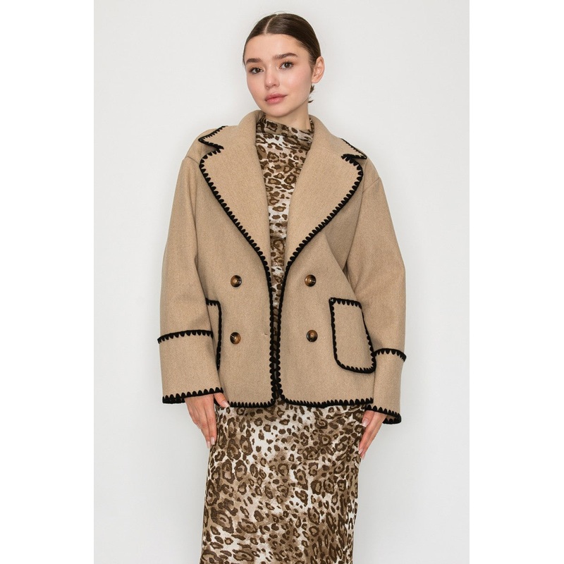 Double Breasted Blanket Stitch Jacket Taupe/Black Small
