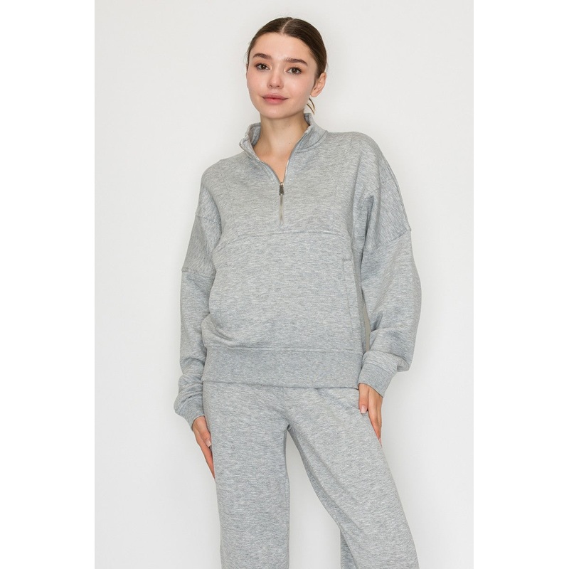 Mock Neck Half Zip Up Top Heather Grey Small