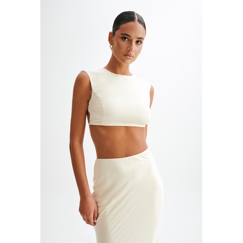 Viviana Satin Sleeveless Crop Top – Ivory XXS