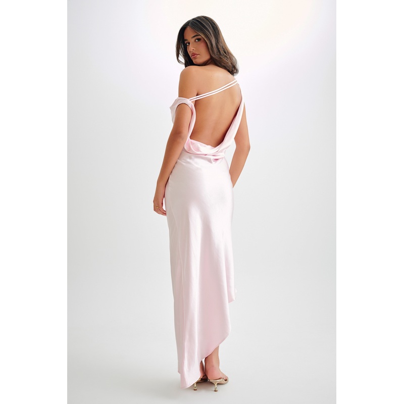 Yvette Slip Maxi Dress With Asymmetrical Hem – Pale Pink XXS