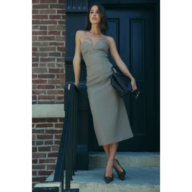 Christie Strapless Midi Dress – Tan Check XXS