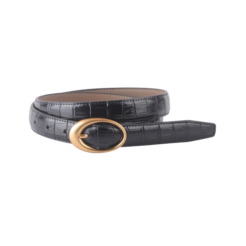 Croco Clean Stitched Belt with Oval Buckle Black Small