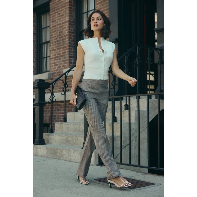 Sweeney Mid Rise Buckle Straight Leg Pant – Tan Check XXS