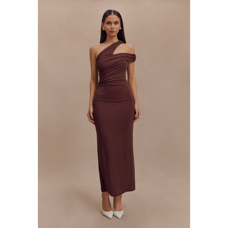 Anastasia One Shoulder Modal Midi Dress – Mahogany XXS