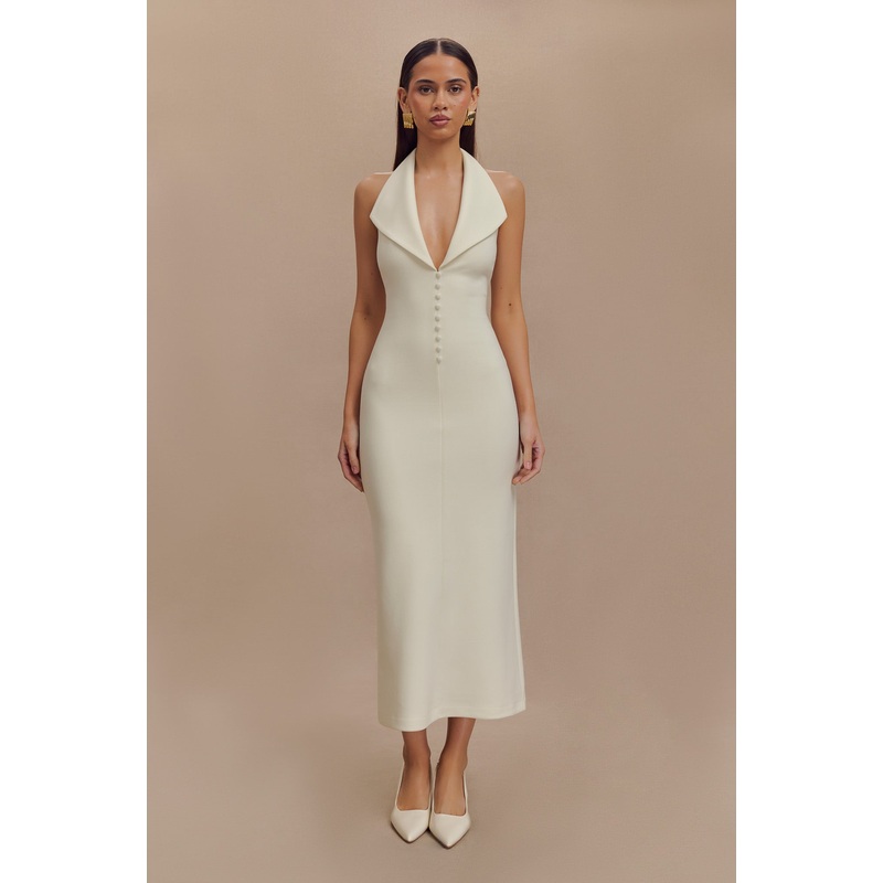 Annita Crepe Halter Midi Dress – Ivory XXS