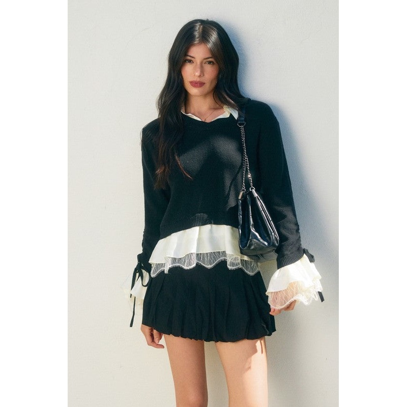 Double Trouble Satin Insert Sweater Small Black/Pearl