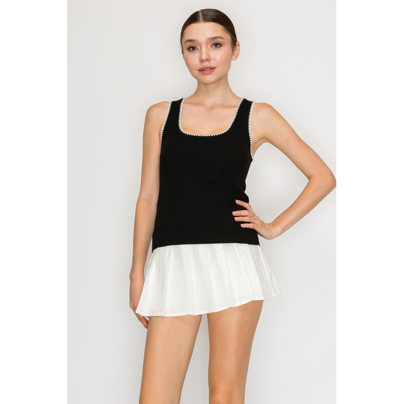 Ribbed Sweater Scallop Trim Top Black Small