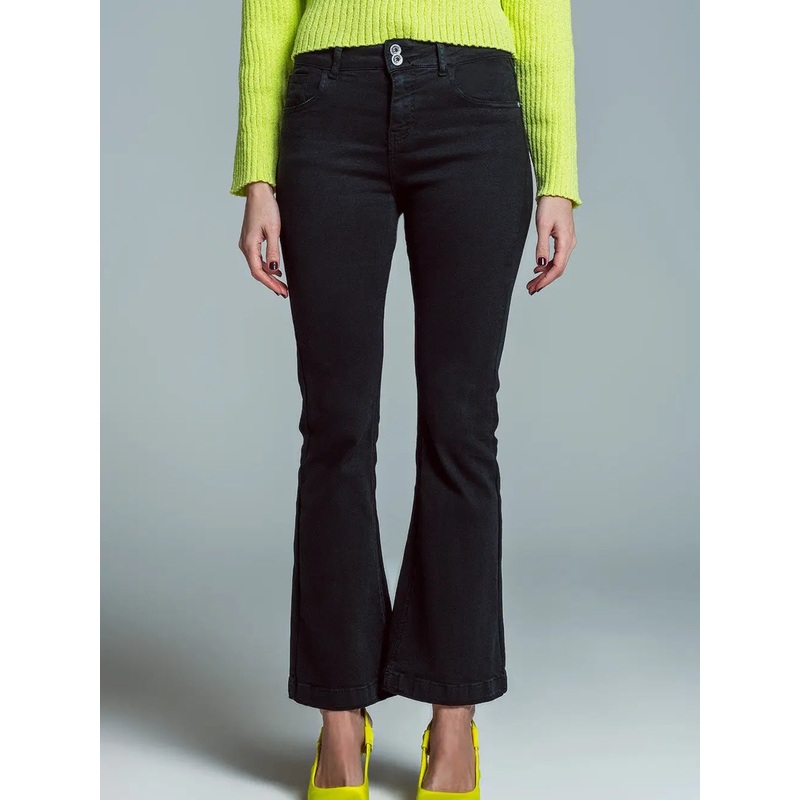 Skinny Flared Jeans with Double Button Detail Black XSmall