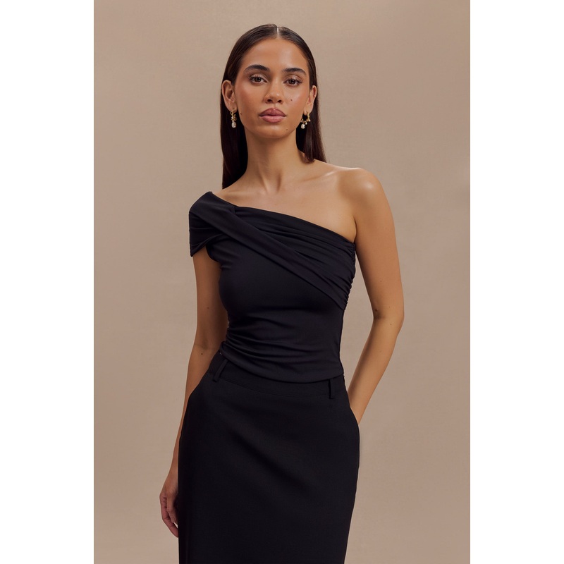 Solene One Shoulder Recycled Nylon Twist Top – Black XXS