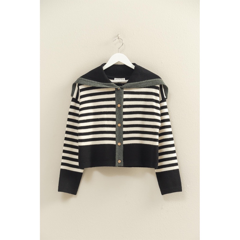 Striped Button Up Sailor Collar Sweater Black Small