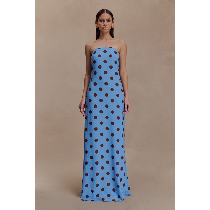 Amaya Strapless Chiffon Maxi Dress – Blue Polka Dot XXS