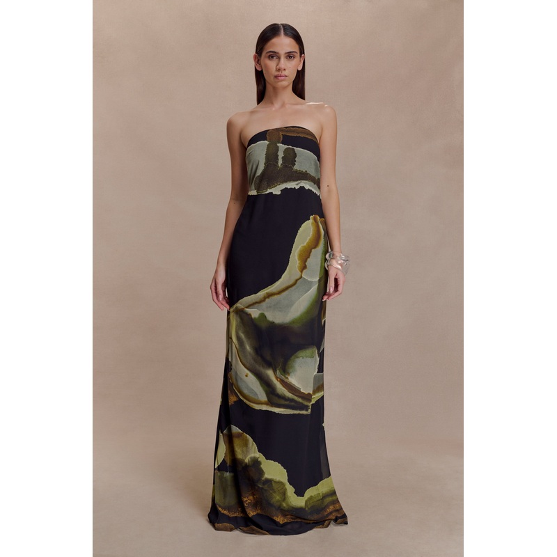 Amaya Strapless Chiffon Maxi Dress – Green Fluid Reverie Print XXS