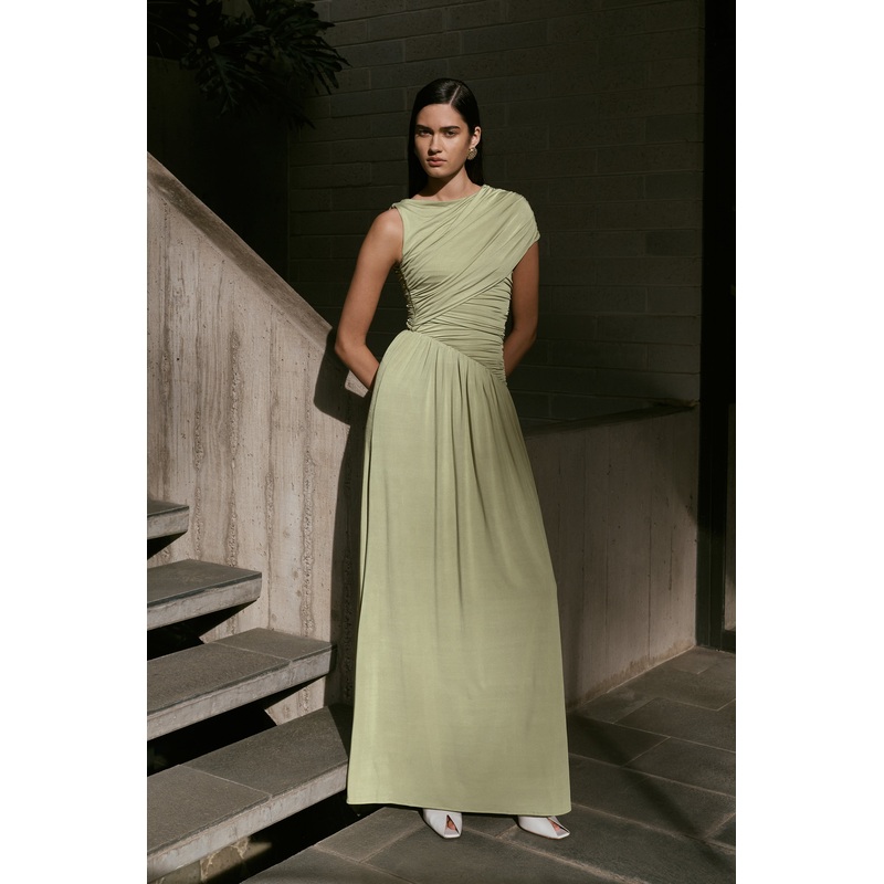 Ayeshya Slinky Asymmetric Maxi Dress – Sage XXS