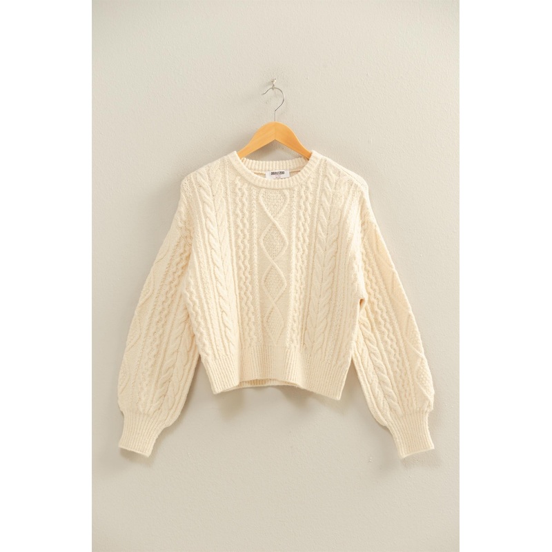 Cable Knit Balloon Sleeve Sweater Cream Small