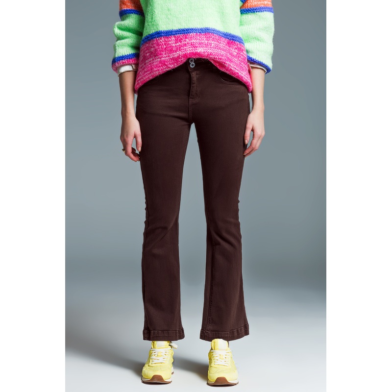 Skinny Flared Jeans With Double Button Detail in Brown Brown XSmall