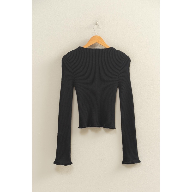 Sleek Mock Neck Ribbed Knit Top Black Small