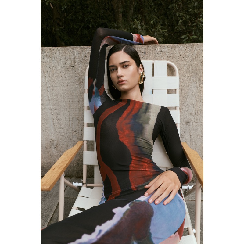 Soraya Long Sleeve Mesh Maxi Dress – Multi Fluid Reverie Print XXS