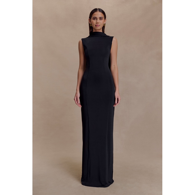 Wisteria Slinky Maxi Dress With Scarf – Black XXS