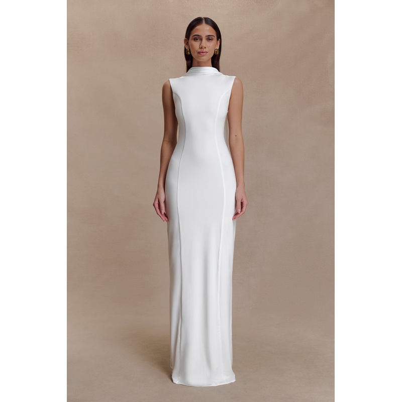 Wisteria Slinky Maxi Dress With Scarf – White XXS