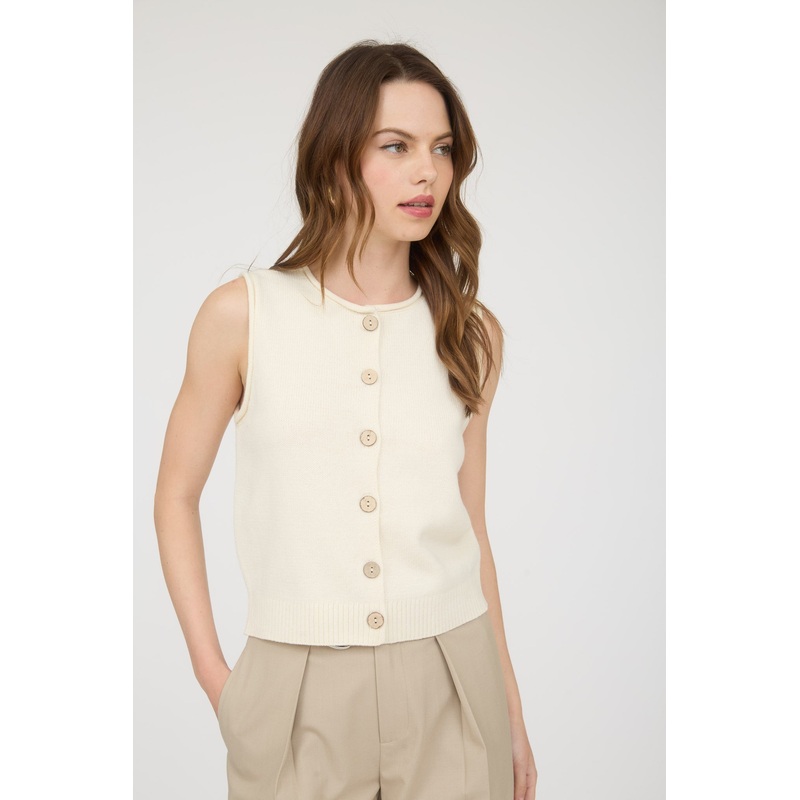 Raw Edge Button Down Cardigan Vest Top Cream Small