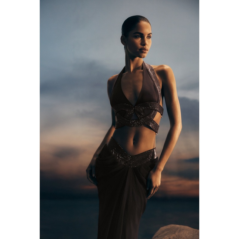 Siren Satin And Diamante Halter Top – Dark Chocolate XXS