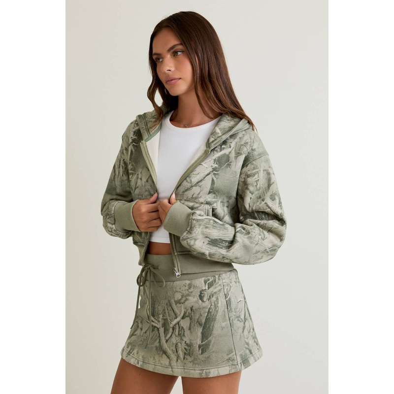 Tree Camo Printed Crop Hoodie Jacket Sage Camo XSmall