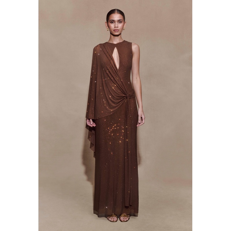 Bakari Diamante Cape Maxi Dress – Chocolate XXS