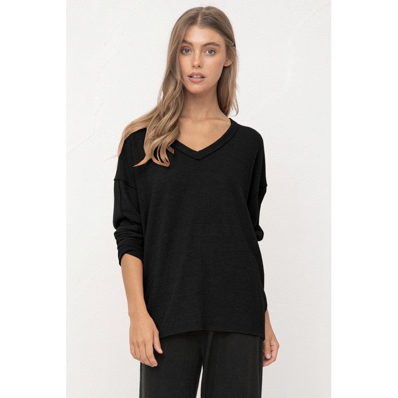 Brushed V-Neck Drop Shoulder Sweatshirt Small Black