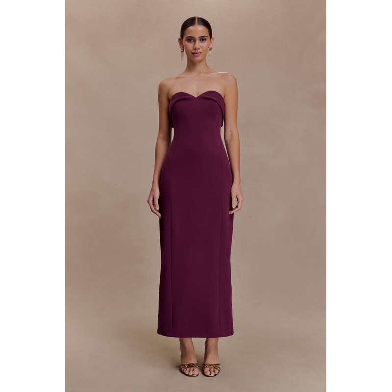 Cary Folded Strapless Crepe Midi Dress – Wine XXS