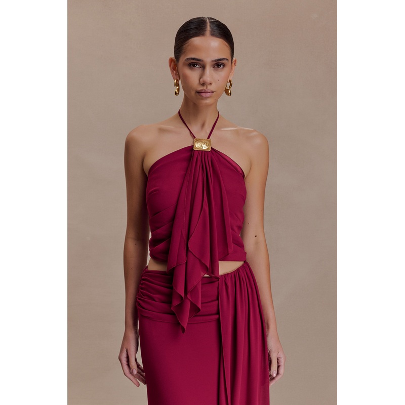 Celina Chiffon Halter Top With Hardware – Cherry Red XXS