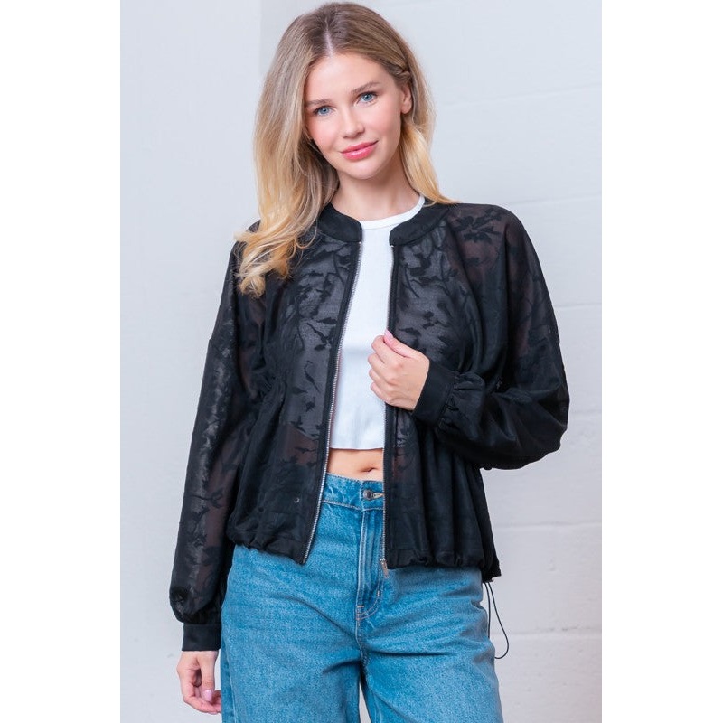 Long Sleeve Front Zipper Bungee Cord Jacket Black Small