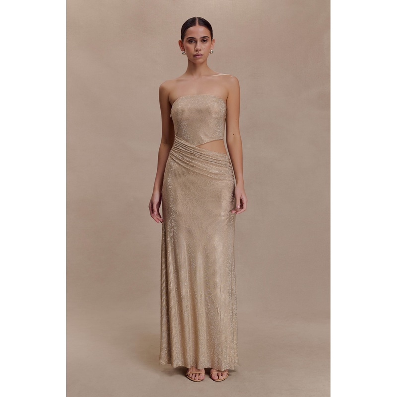 Starla Strapless Diamante Maxi Dress – Gold XXS