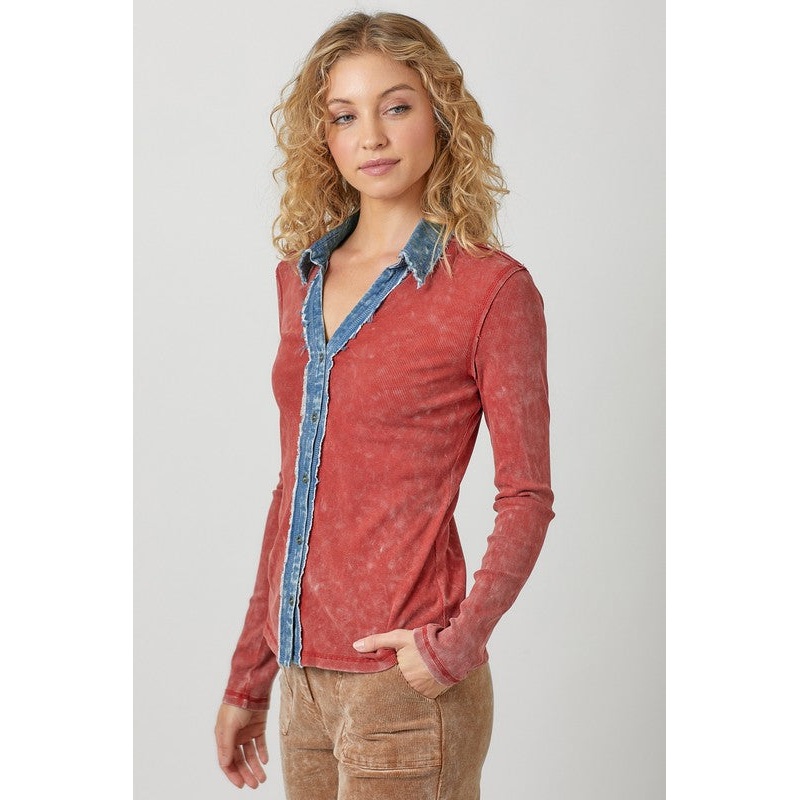 Washed Thermal Button Down Top Small Washed Red