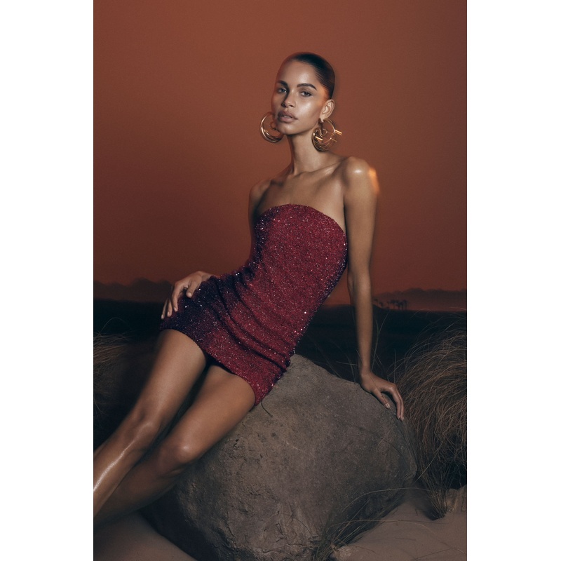 Zander Hand Beaded Strapless Mini Dress – Red Ombre XS