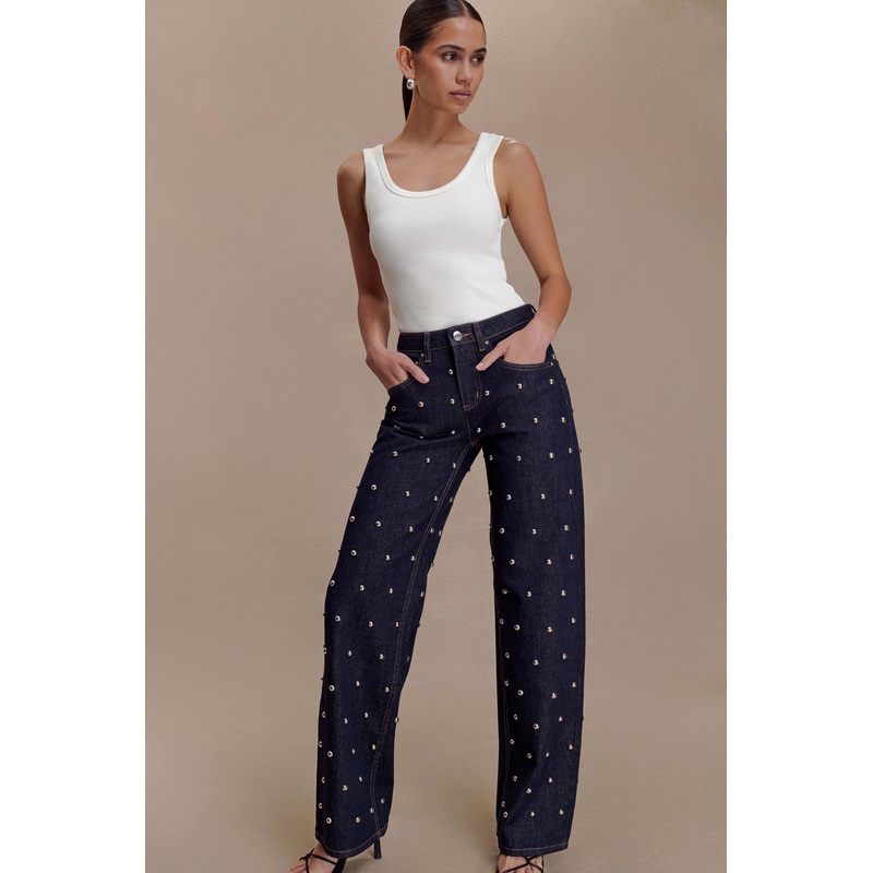 Alima Mid Rise Stud Denim Jeans – Washed Indigo Blue 22
