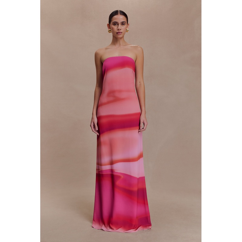 Amaya Strapless Chiffon Maxi Dress – Pink Sunset Print XXS