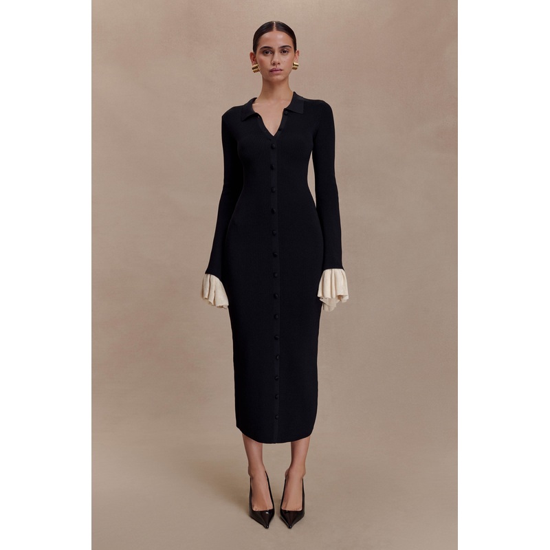 Amirose Ruffle Knit Midi Dress – Black XXS