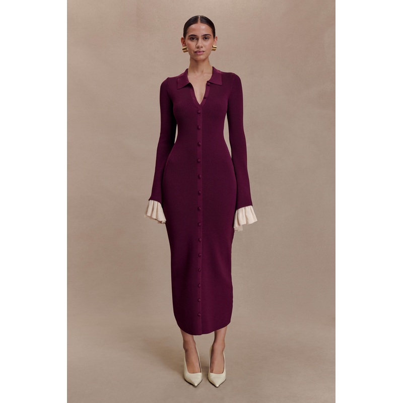 Amirose Ruffle Knit Midi Dress – Plum XXS