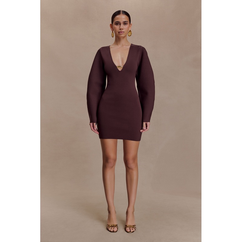 Billy Balloon Sleeve Knit Mini Dress – Dark Chocolate XXS