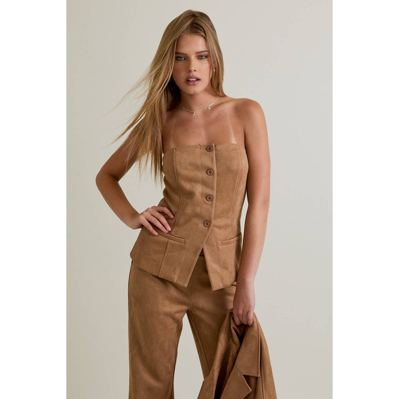 Button Front Suede Tube Blazer Top Camel XSmall