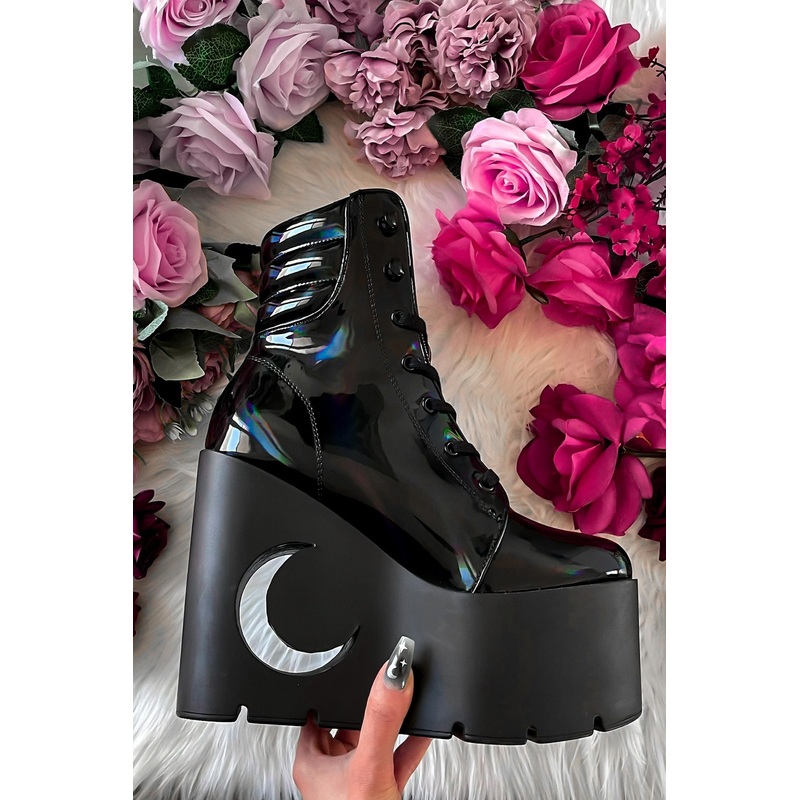 Diana Crescent Wedge Boots [BLACK HOLOGRAPHIC] US5 Black 93% Polyester 7% Elastane