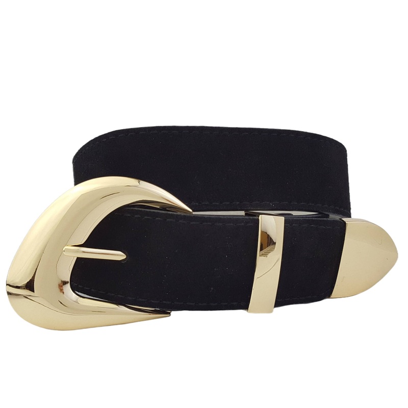 Genuine Suede Leather Belt w. Trendy Buckle/Loop/Tip Set Black S