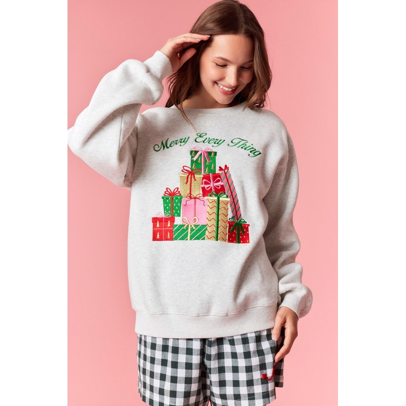 “Merry Everything” Embroidery Fleece Terry Sweatshirt Heather Grey Small