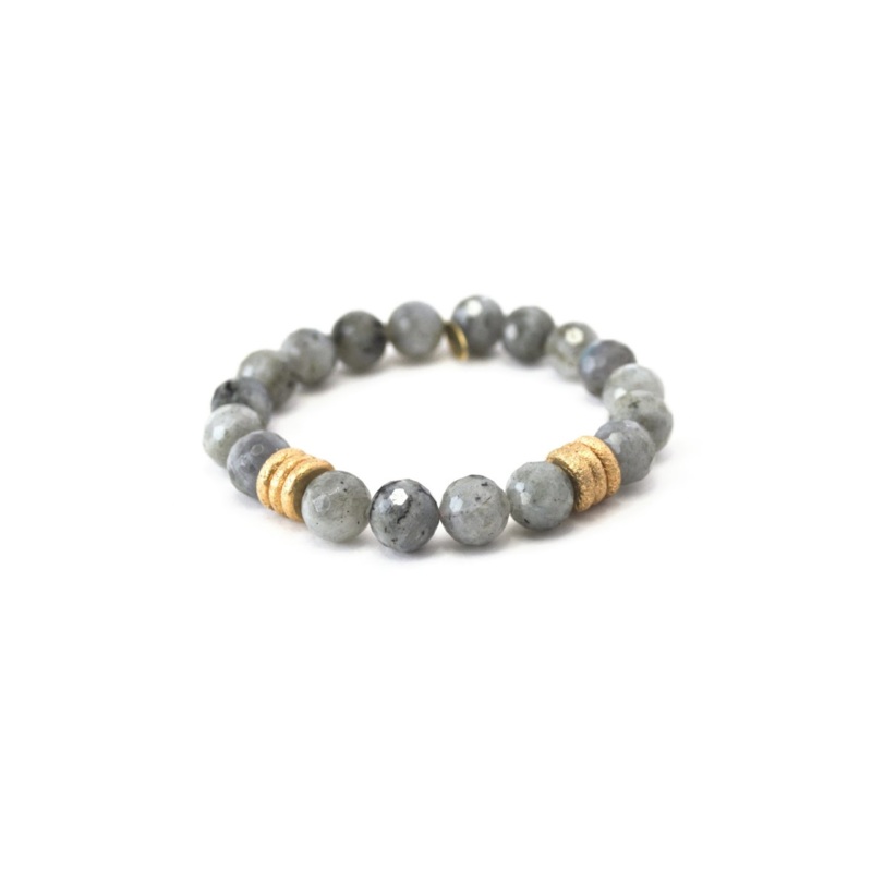 10mm Labradorite  Crystal Bracelet + Gold Rings O/S