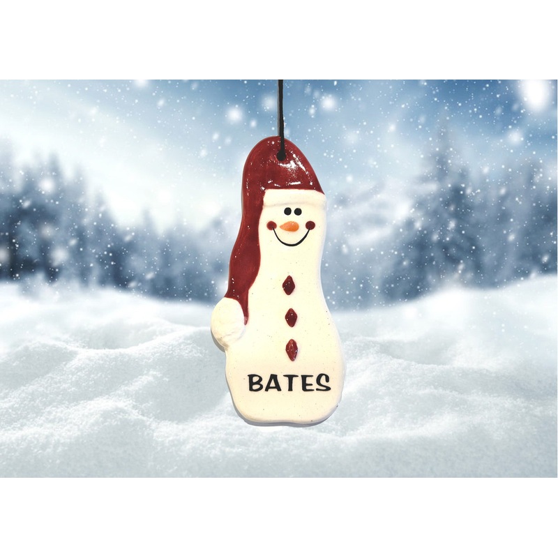 Ornament, Ceramic, Tall Snowman with long garnet hat