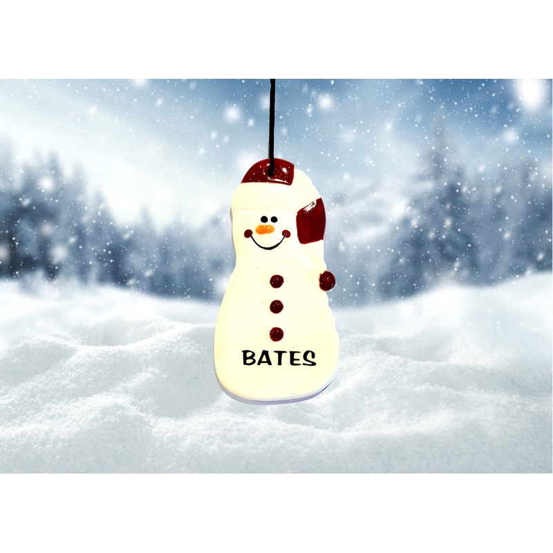 Ornament, Ceramic, Tall Snowman with striped long hat