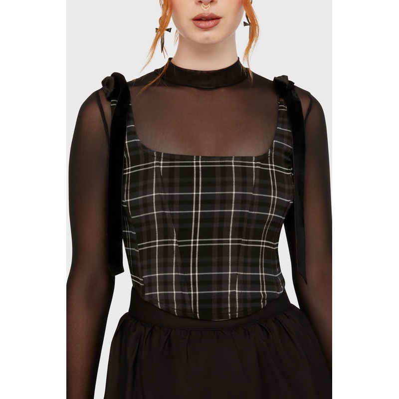 Tartan Flora Corset Top [GREY] XS Grey 73%Viscose 24%Polyester 3%Elastane