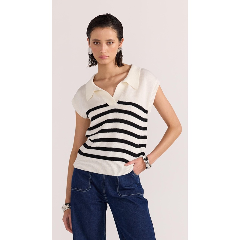 Remi Stripe Polo Knit XS Cream/Black