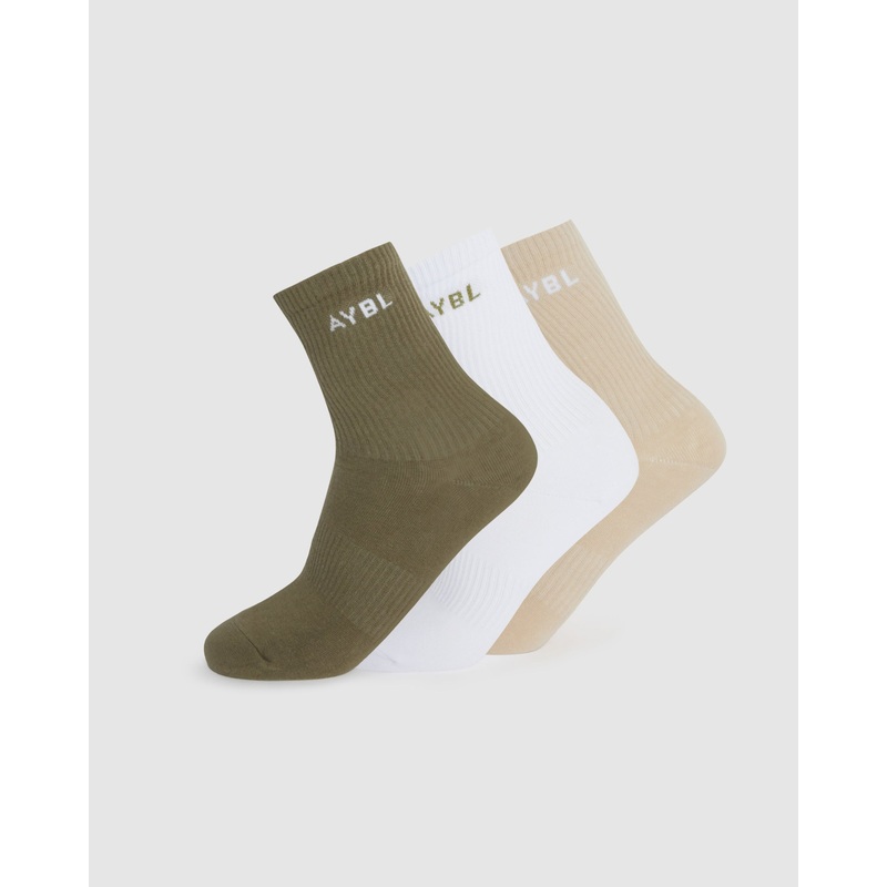 Everyday Crew Socks (3 Pack) – Khaki/Beige/White S (UK 2-5)